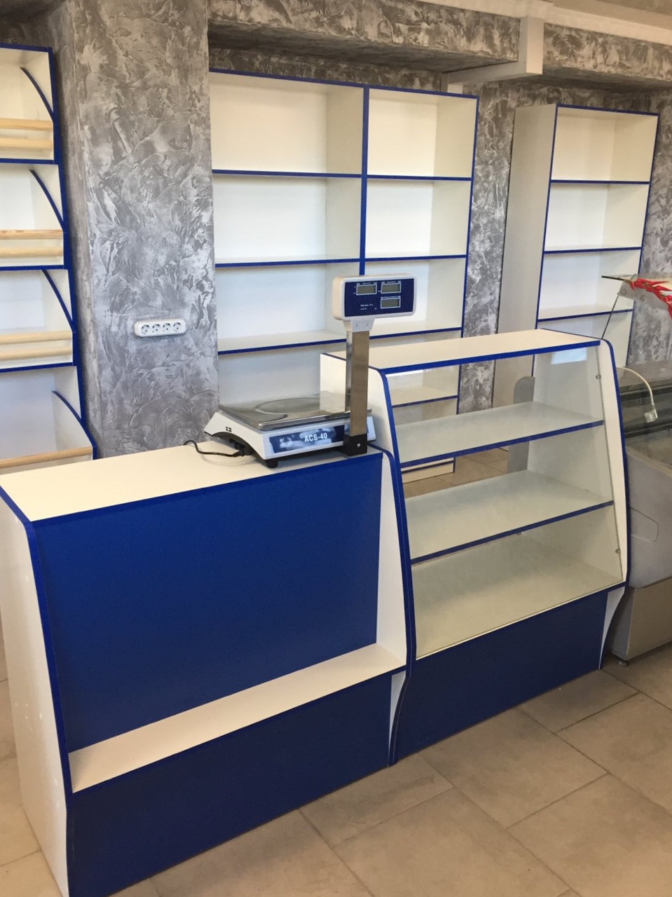 Торгова Вітрина і Прилавок ДСП білий/синій ширина 180см