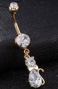 Сережки пірсинг у пупок із підвіскою котик із білими кристалами