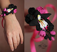 Черный браслет с цветами ручной работы "Орхидея с пионами". Подарок девушке, женщине