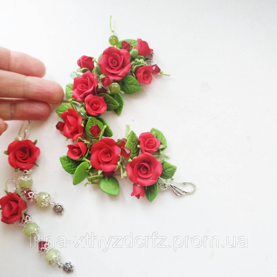Браслет і сережки з червоними трояндами та зеленим листям з полімерної глини, фото 1