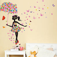 3D інтер'єрні вінілові наклейки на стіни "Фея з Зонтиком, Квітами та Метеликами" 90-60 см у дитячу. Декор