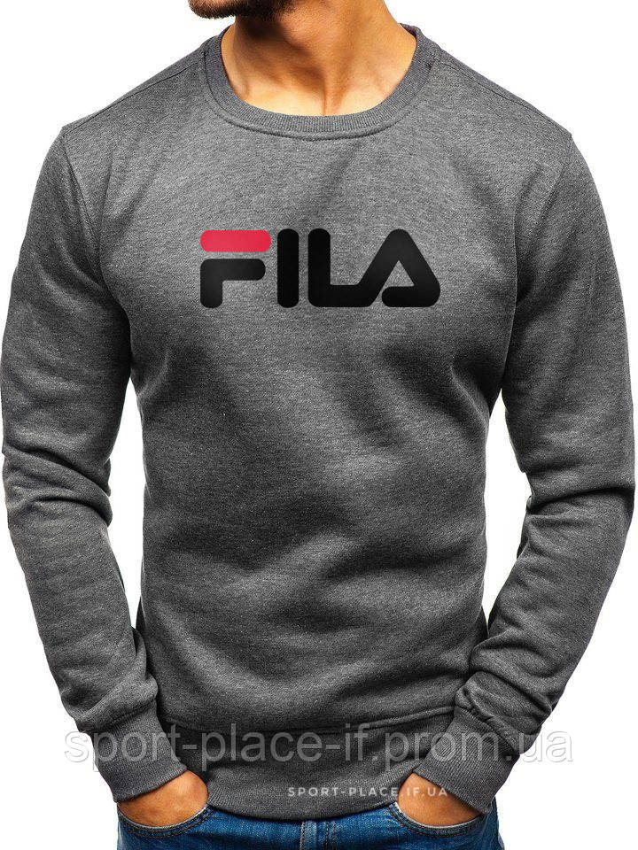 Чоловічий світшот Fila (Філа) темно сірий (велика чорна емблема) толстовка лонгслив (чоловічий світшот)