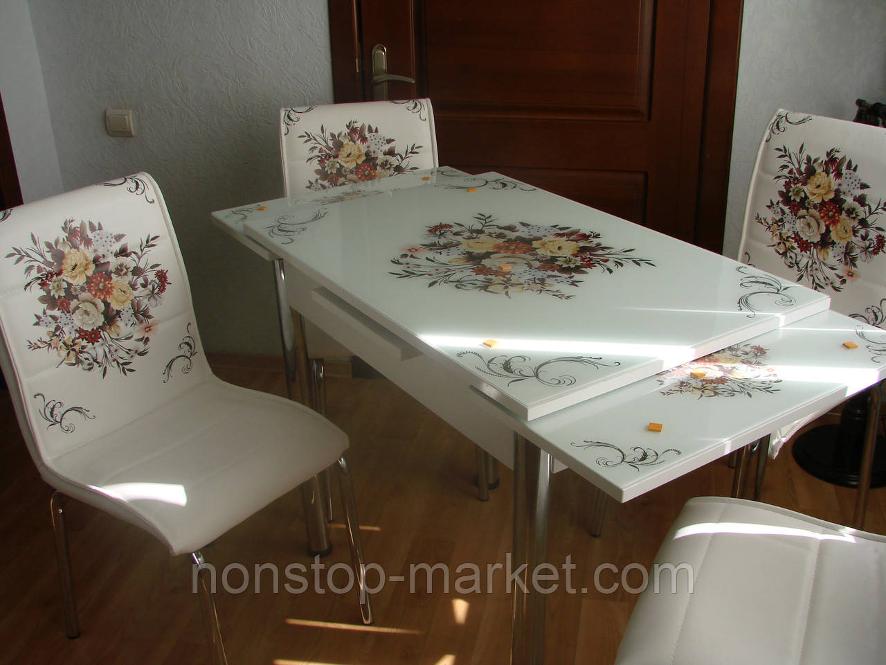 Раскладной стол обеденный кухонный комплект стол и стулья 3D 3д "Контрастный букет" стекло Лотос-М Mobilgen - фото 1 - id-p886536911