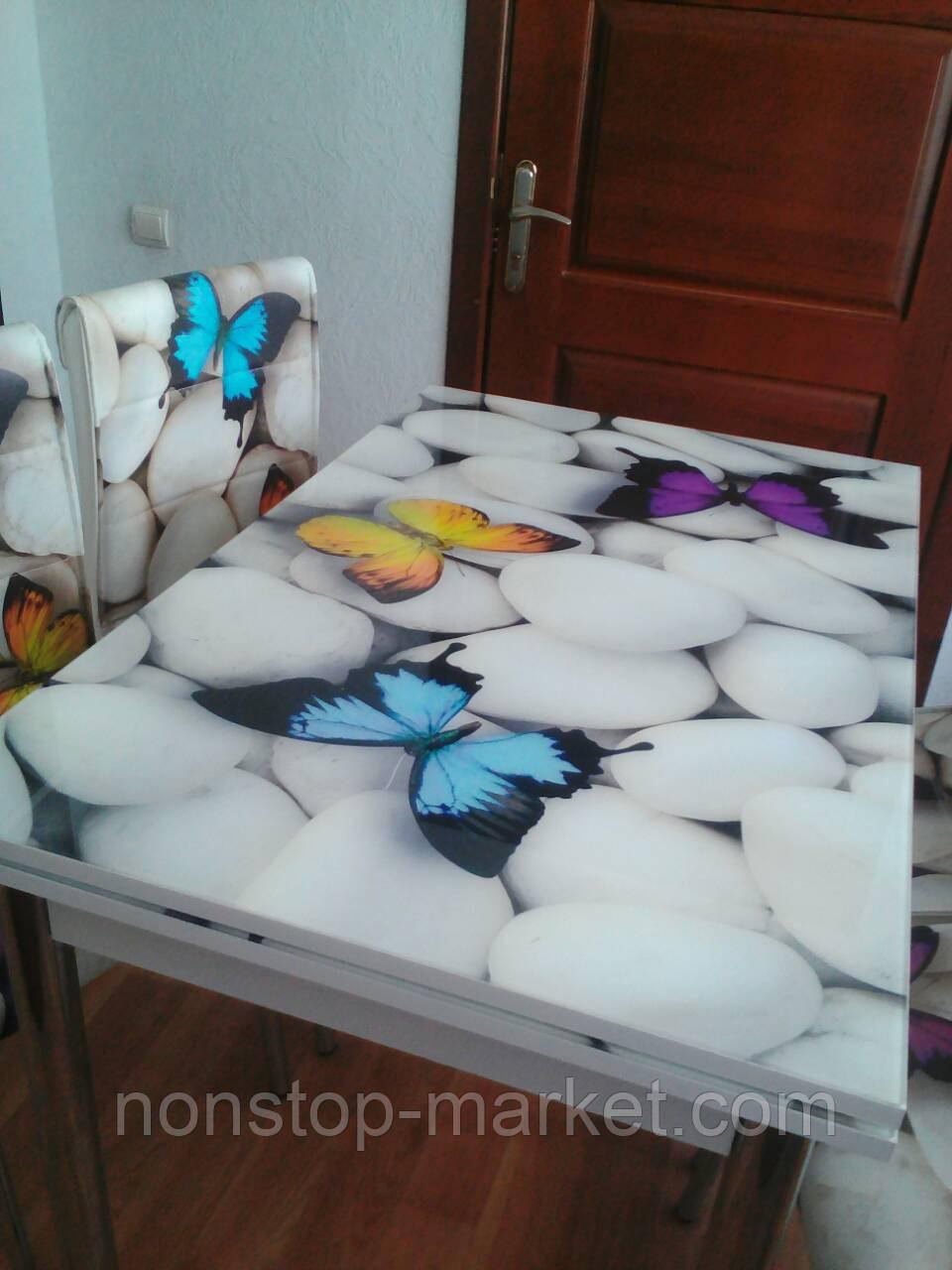 Розкладний стіл обідній кухонний комплект стіл і стільці 3D малюнок 3д "Метелики" ДСП скло 70*110 Mobilgen 2010