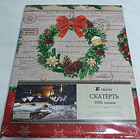 Скатертина прямокутна новорічна з різдвяними вінками та написами, розмір 150х180 см