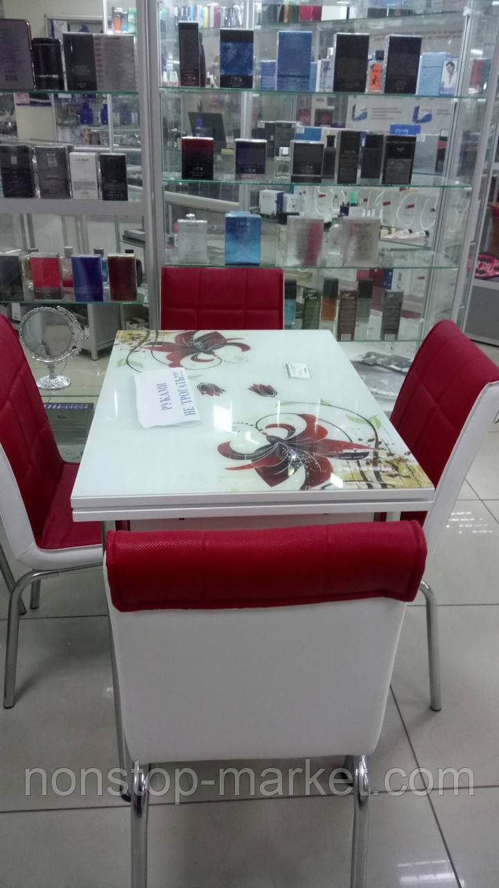 Раскладной стол обеденный кухонный комплект стол и стулья рисунок 3д "Красная лилия" ДСП стекло 70*110 Лотос-М - фото 2 - id-p555488453