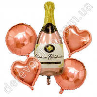 Набор воздушных шаров "Сердца и шампанское", розовое золото, 5 шаров