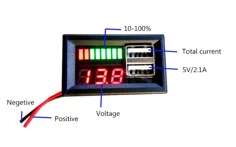 Автомобільний вольтметр/тестер з двома USB портами/зарядками