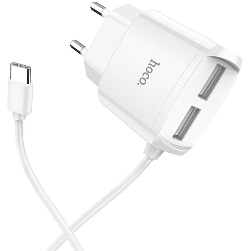 Зарядний пристрій 2USB Hoco C59A 2.1A White + USB Cable Type-C
