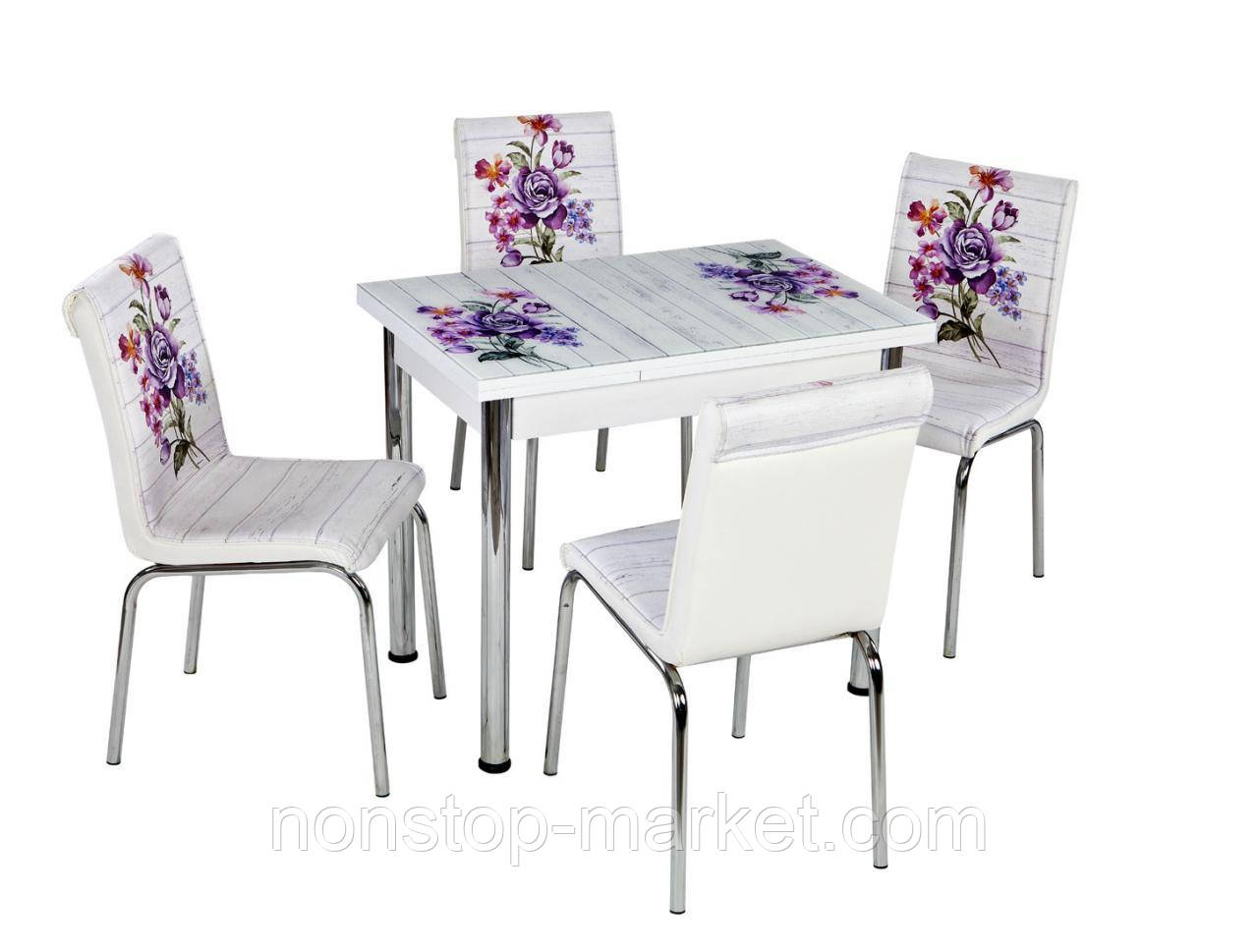 Розкладний стіл обідній кухонний комплект стіл і стільці 3D малюнок 3д "Фіолетовий букет" ДСП скло 60*90 Лотос-М