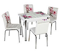 Раскладной стол обеденный кухонный комплект стол и стулья рисунок 3д "Красный букет" ДСП стекло 60*90 Лотос-М