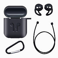 Комплект защитный силиконовый чехол с карабином для AirPods и TWS + амбушюр + шнурок для наушников Черный