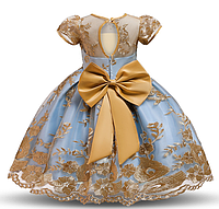 Платье Размеры 110, 120, 130 золотое с голубым за колено нарядное для девочки. Размеры 110, 120, 130.