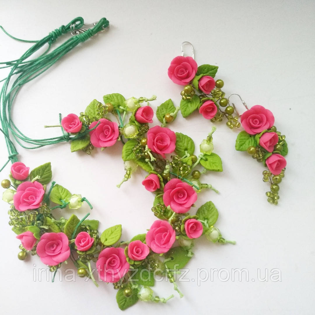 Кольє та сережки з малиновими трояндами