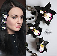 "Чёрная орхидеи" (3шт) заколки для волос с цветами ручной работы