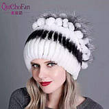 Вишнева жіноча шапка з хутра кролика Рекс і чорнобурки, фото 3