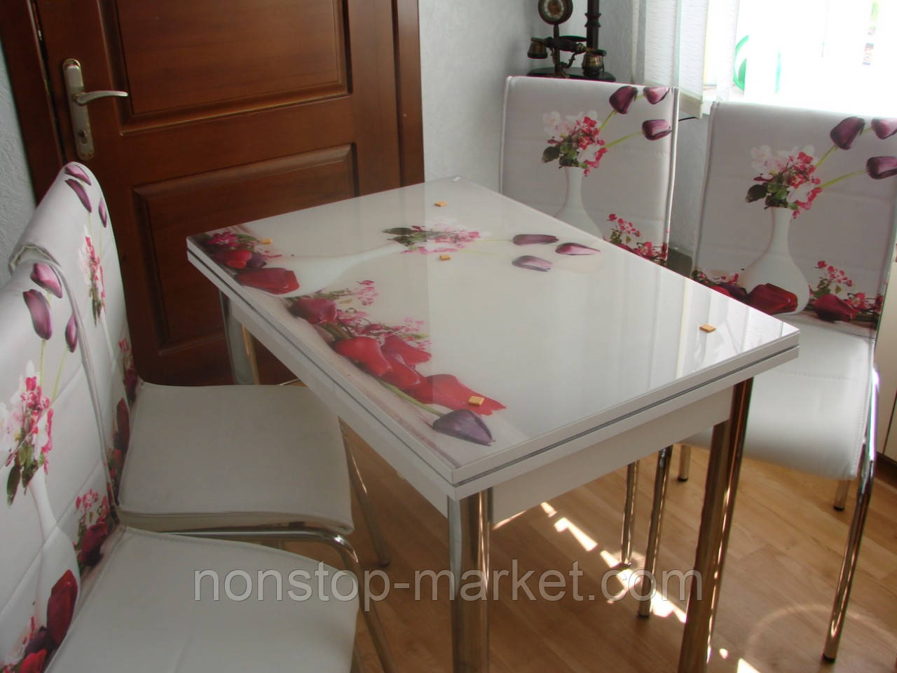 Розкладний стіл обідній кухонний комплект стіл і стільці 3D малюнок 3д "Тюльпани в бутоні" ДСП скло 70*110 Лотос-М