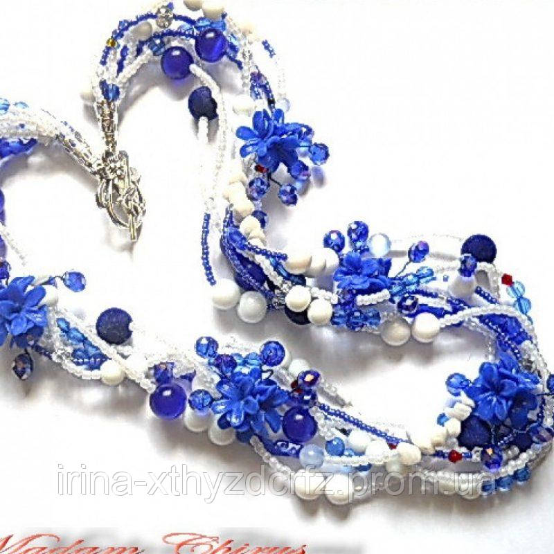 Красиві сині намисто з волошками з полімерної глини та білим натуральним агатом під вишиванку, фото 1