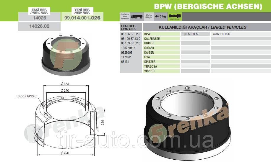 Барабан тормозной BPW H..LL Series 420x180 закручивающаяся шпилька ( FRENKA ) 99.014.001.026-FR