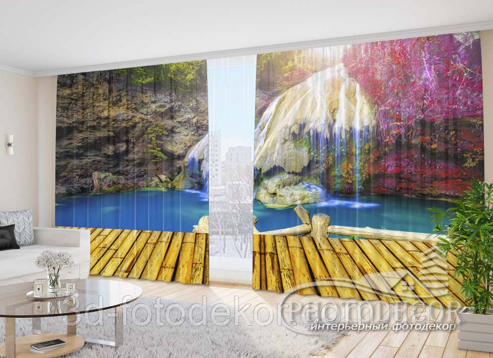 Фото Штори "Місток біля яскравого водоспаду 1" 2,7м*5,0м (2 полотна по 2,50м), тасьма