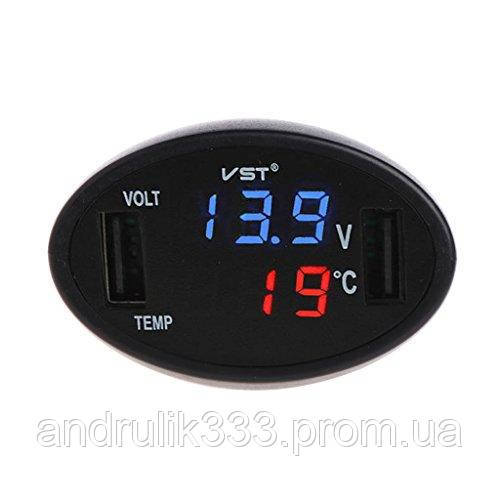 Автомобильный вольтметр+2 USB+термометр в прикуриватель VST 708-5 12-24В(2 USB 2.1A)(V-СИНИЙ,t-КРАСНАЯ) - фото 2 - id-p1108429228