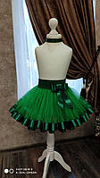 Пышная юбка из фатина зеленая с темной зеленой лентой