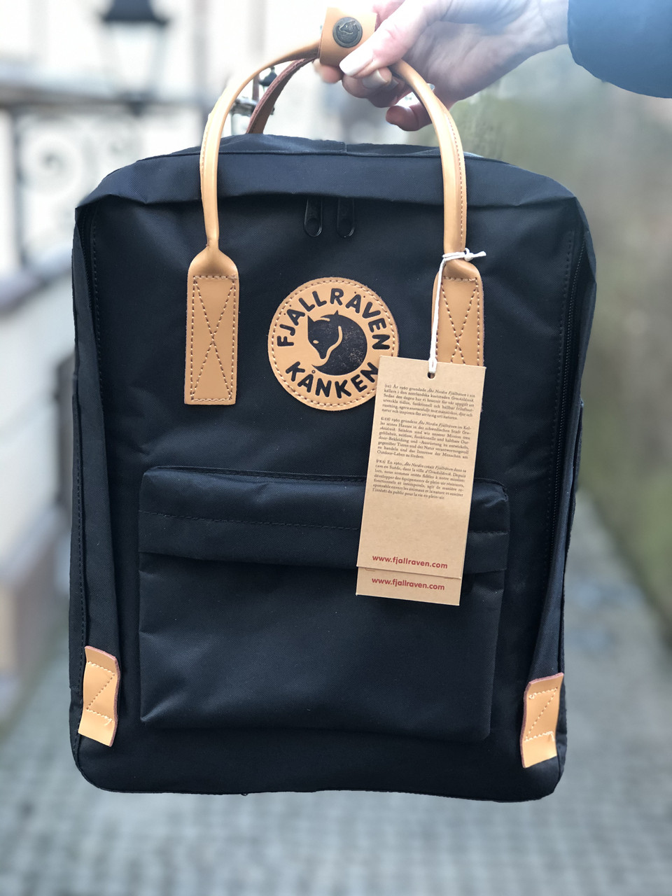 Рюкзак Канкен Fjallraven Kanken No. 2 backpack чорний шкіряні ручки. Живе фото. Premium replic