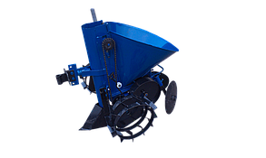 Картоплесаджалка однорядна К-1Л до мотоблока (синя) з транспортувальними колесами.