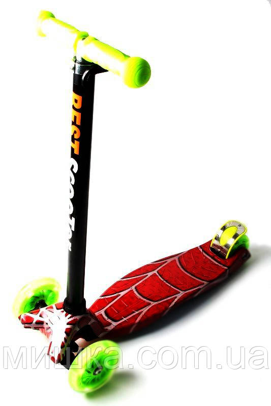 Дитячий самокат MAXI Red web. Салатові світні колеса., фото 1