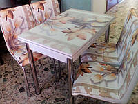 Раскладной стол обеденный кухонный комплект стол и стулья рисунок 3д "Цветы лотос" ДСП стекло 70*110 Лотос-М