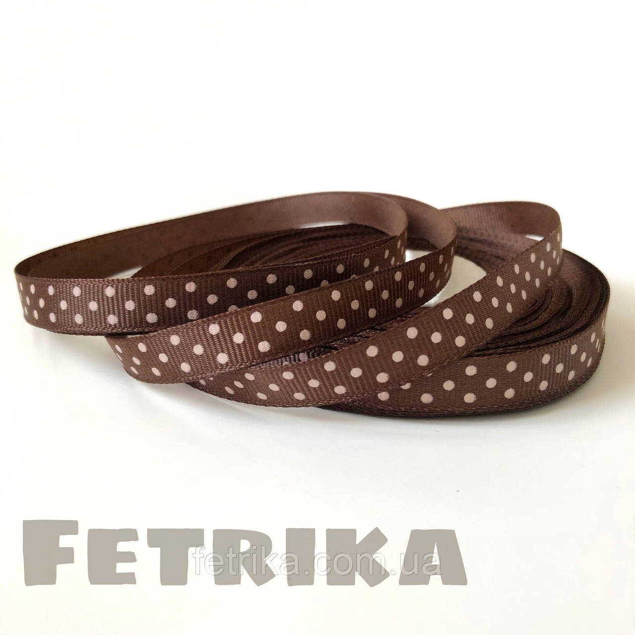 Репсова стрічка 0,9 см коричнева в білий горошок, фото 1