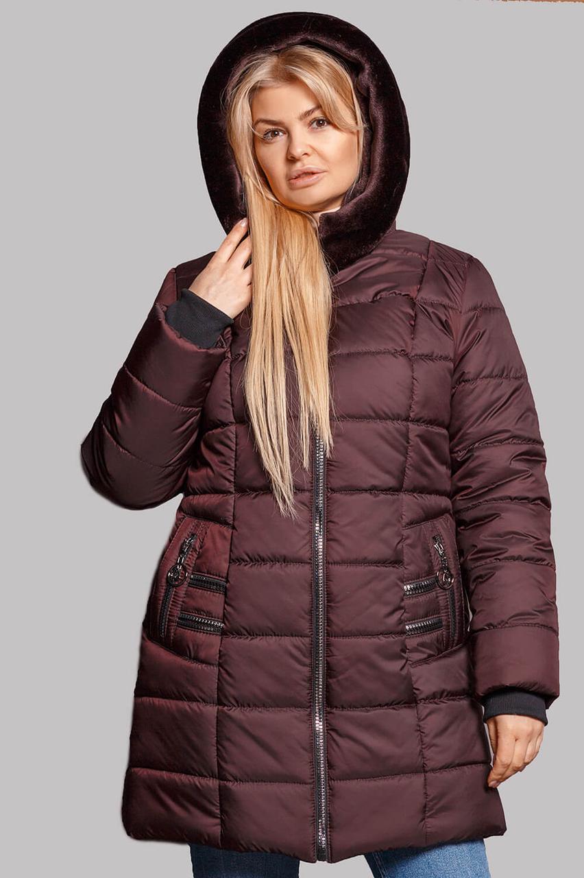Модна зимова куртка пальто Ірена з хутром під мутон великого розміру 50-62 розміру бордова, фото 1