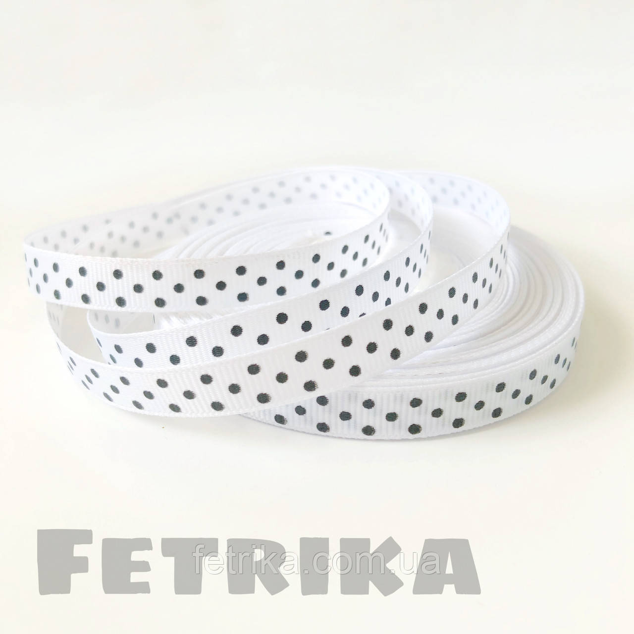 Репсова стрічка 0,9 см біла в чорний горошок, фото 1
