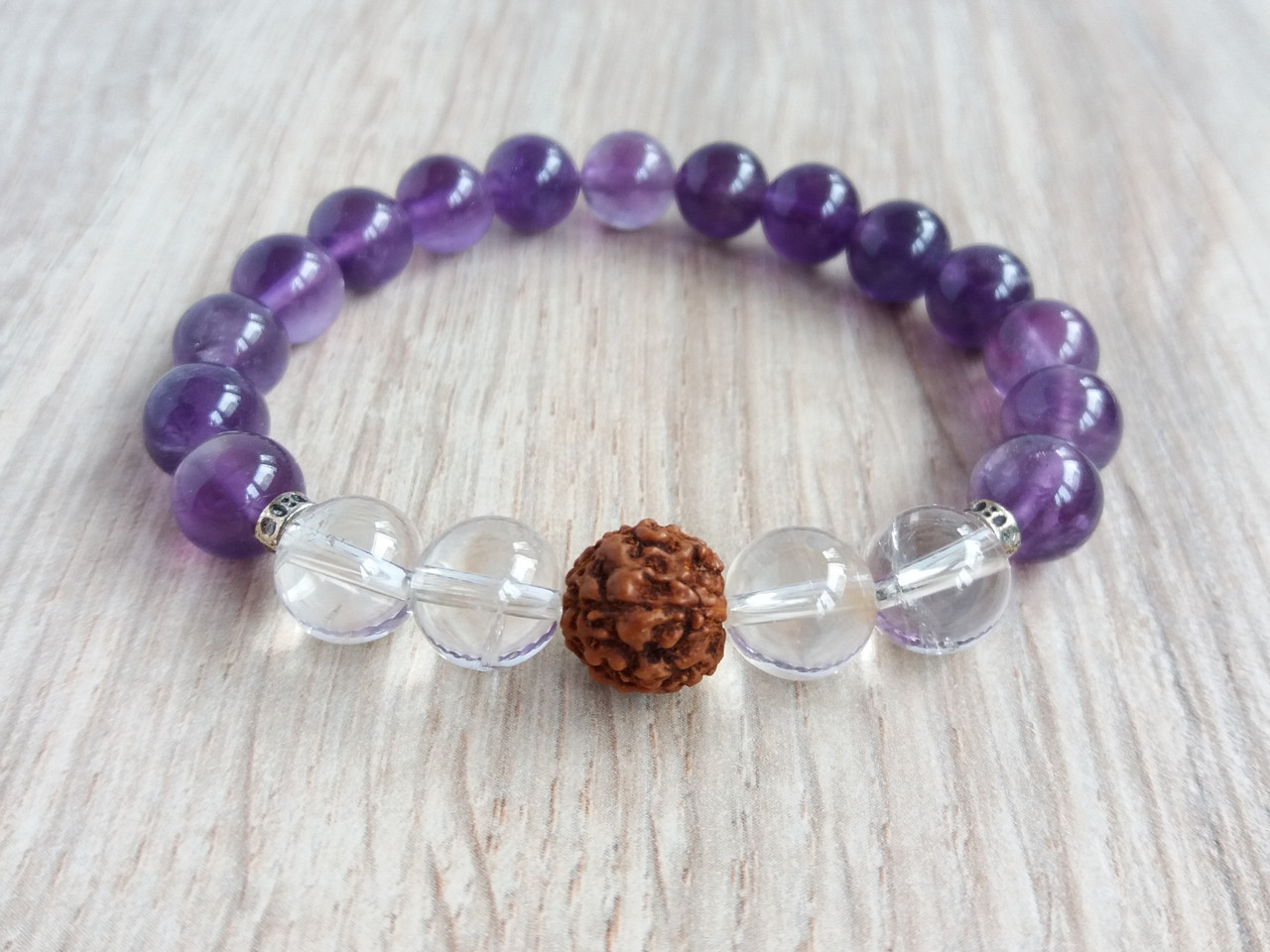 Браслет з Аметисту Гірського Кристали та Рудракші d 8 мм