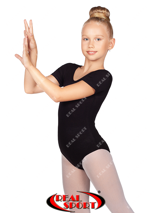 Купальник для гімнастики та танців короткий рукав чорний GM030138 (бавовна, р-р 0-XL, зріст 98-164 см)