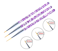 Кисти для маникюра росписи и дизайна ногтей набор 3 шт. 07,09 и 11 мм