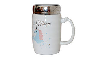 Чашка керамічна із дзеркальною кришкою, матова, із золотими написами