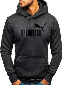 Чоловіча толстовка Puma (Пума) темно-сіра (велика чорна емблема) кенгуру худі