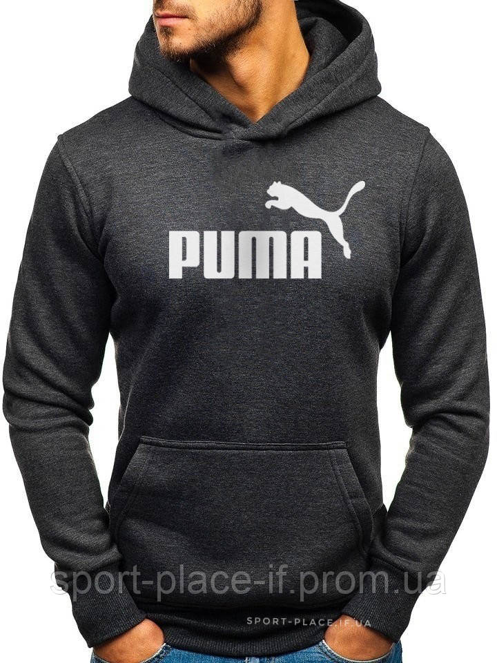 Чоловіча толстовка Puma (Пума) темно-сіра (велика біла емблема) кенгуру худі