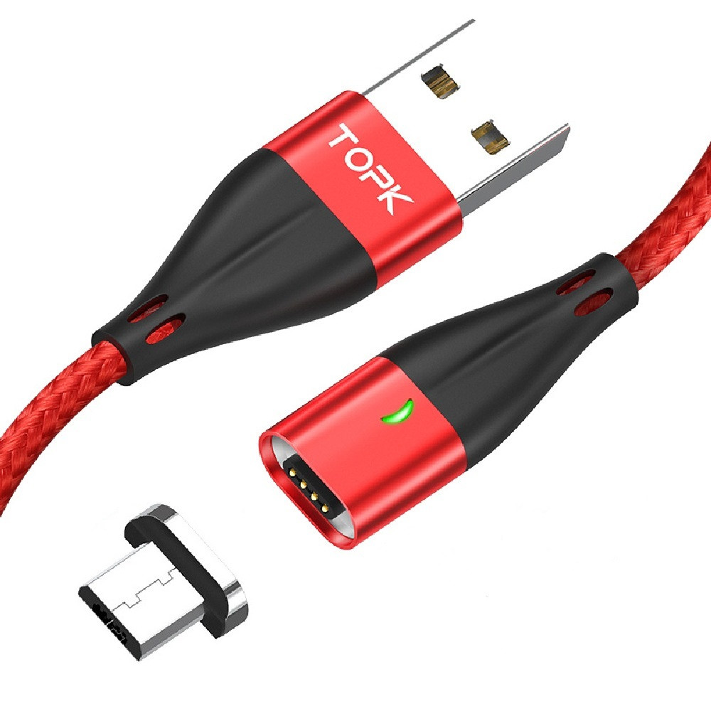 Магнітний дата-кабель 2 метри TOPK AM61 MicroUSB Червоний Швидка зарядка QC3.0 + передача ОВАЛЬНИЙ