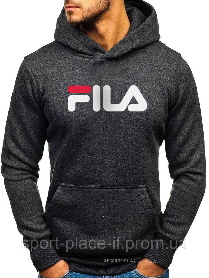 Чоловіча толстовка Fila (Філа) темно-сіра (велика біла емблема) кенгуру худі