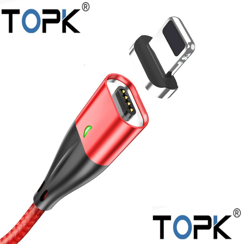 Магнітний дата-кабель 2 метра TOPK AM61 Lighting (iPhone) Червоний Швидка зарядка + передача ОВАЛЬНИЙ