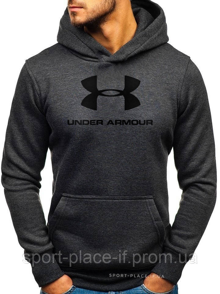 Чоловіча толстовка Under Armour (Андер Армор) темно-сіра (велика емблема) кенгуру худі
