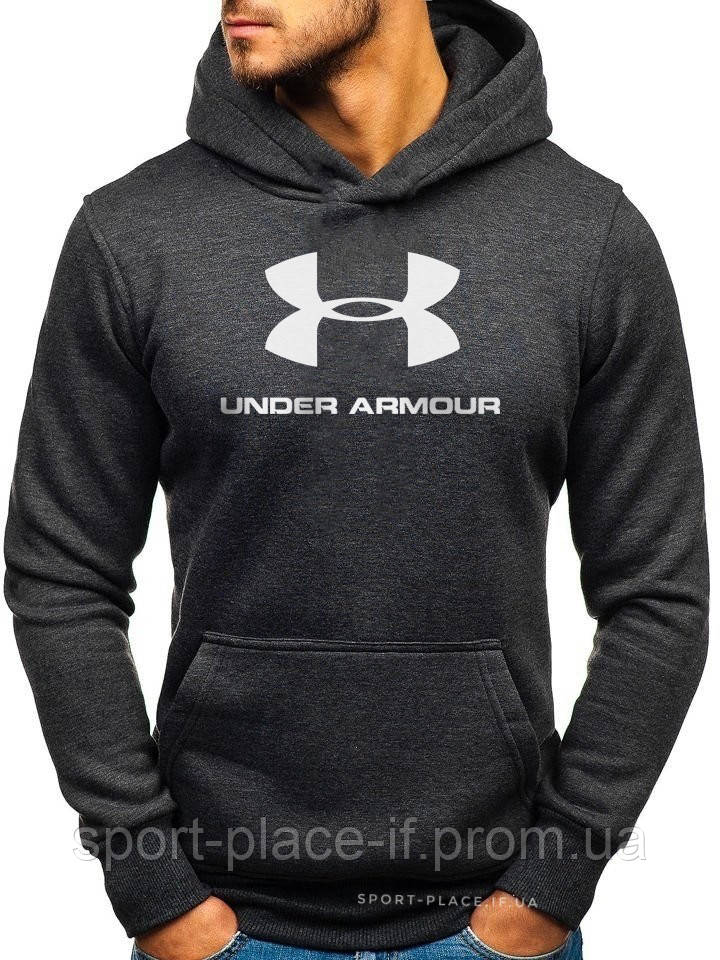 Чоловіча толстовка Under Armour (Андер Армор) темно-сіра (велика біла емблема) кенгуру худі