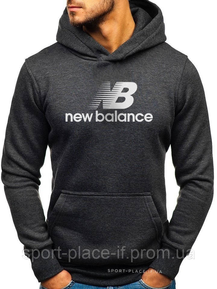 Чоловіча толстовка New Balance (Нью Беланс) темно-сіра (велика біла емблема) кенгуру худі