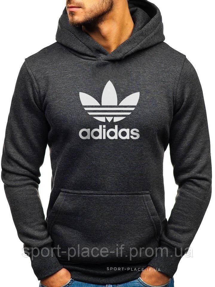 Чоловіча толстовка Adidas (Адідас) темно-сіра (велика біла емблема) кенгуру худі