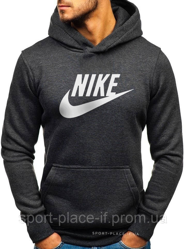 Чоловіча толстовка Nike (Найк) темно-сіра (велика емблема) кенгуру худі