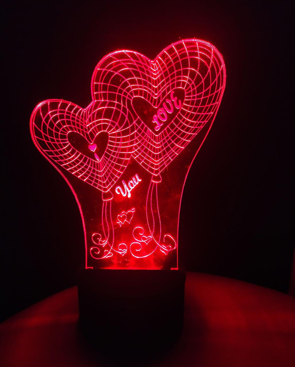 3d-світильник Серця I love you, 3д-нічник, кілька підсвічувань (батарейка+220В), фото 1