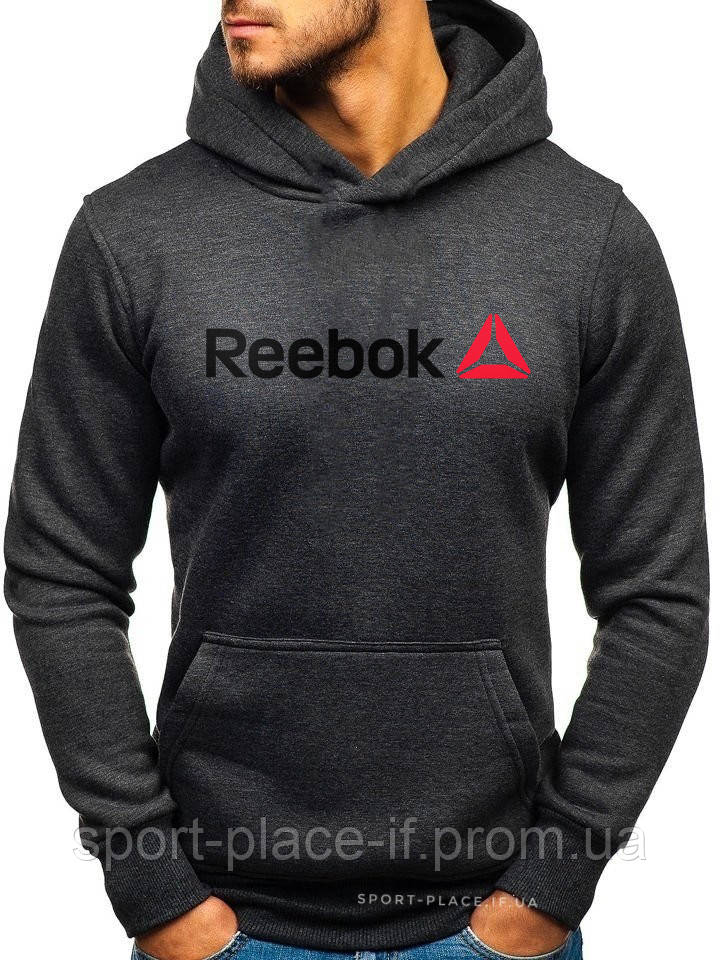 Чоловіча толстовка Reebok (Рібок) темно-сіра (велика чорна емблема) кенгуру худі