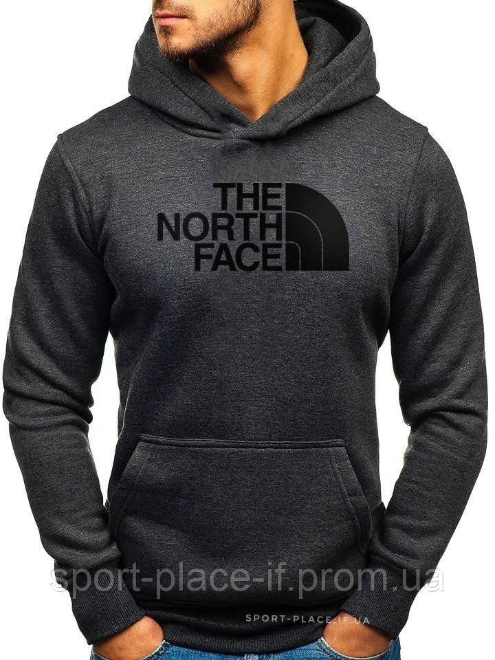Чоловіча толстовка The North Face (Норс Фейс) темно-сіра (велика чорна емблема) кенгуру худі